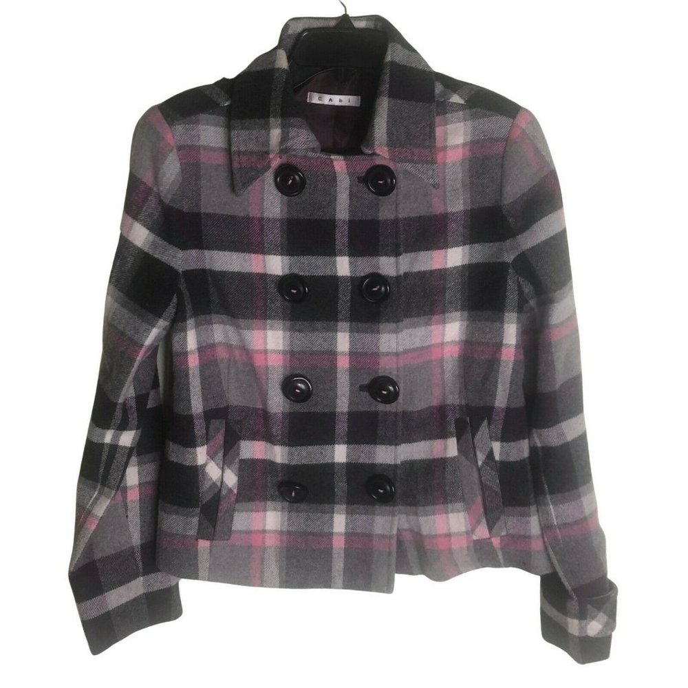 Cabi SZ 8 Womens Wool Blend Pink Gray Plaid Peacoat Coat Jacket Double Breasted